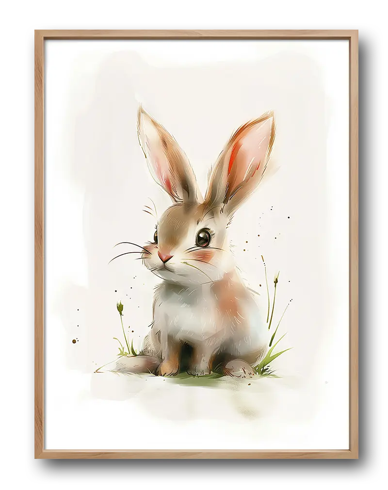 A charming illustration of a cute bunny sitting on grass with a whimsical background. The rabbit's large ears and sweet expression make this perfect for children's rooms or as playful wall art, illustration, or poster for animal lovers