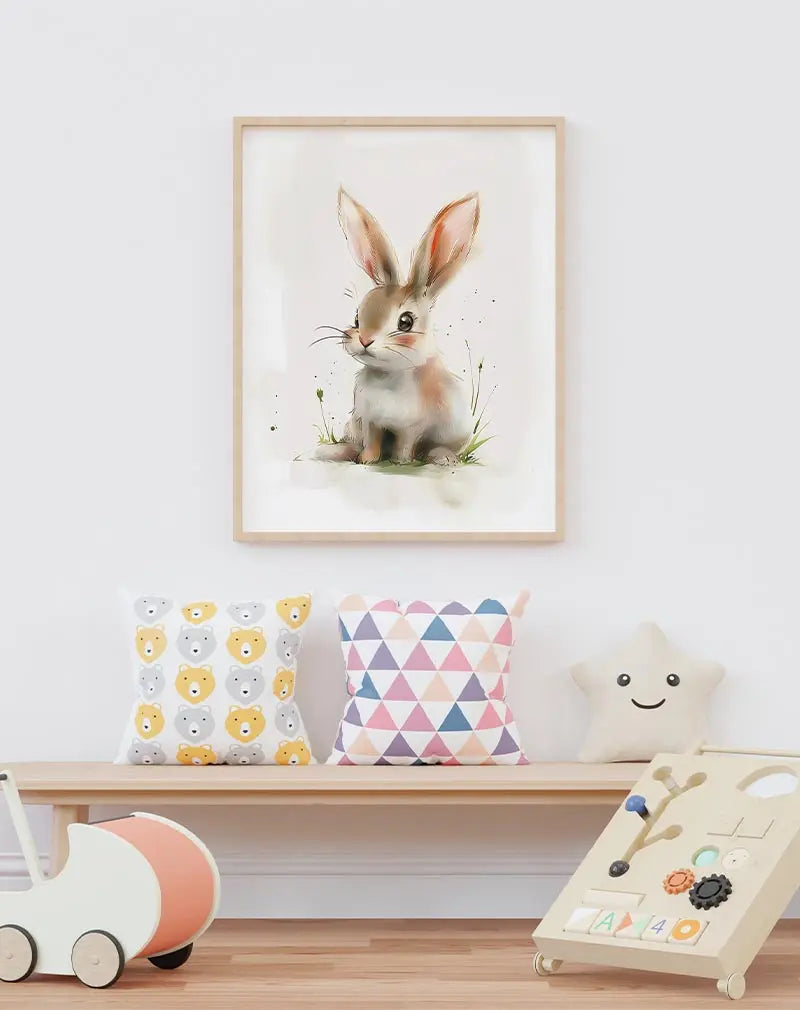 A charming illustration of a cute bunny sitting on grass with a whimsical background. The rabbit's large ears and sweet expression make this perfect for children's rooms or as playful wall art, illustration, or poster for animal lovers