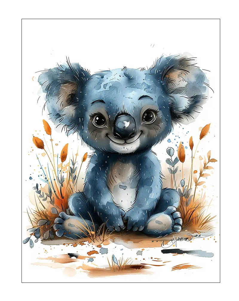 A delightful illustration of a smiling koala sitting among whimsical plants. The koala's playful expression and soft colors create a warm and inviting atmosphere, making this perfect as wall art, a poster, or an illustration for a nursery or animal-themed room