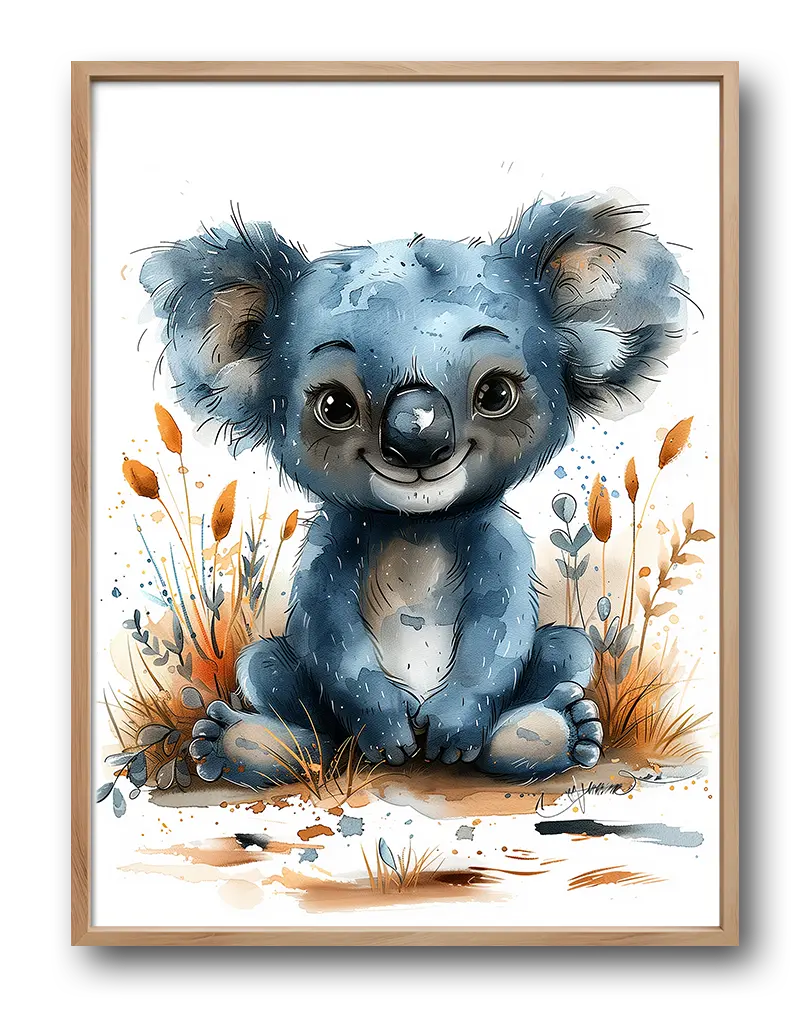 A delightful illustration of a smiling koala sitting among whimsical plants. The koala's playful expression and soft colors create a warm and inviting atmosphere, making this perfect as wall art, a poster, or an illustration for a nursery or animal-themed room