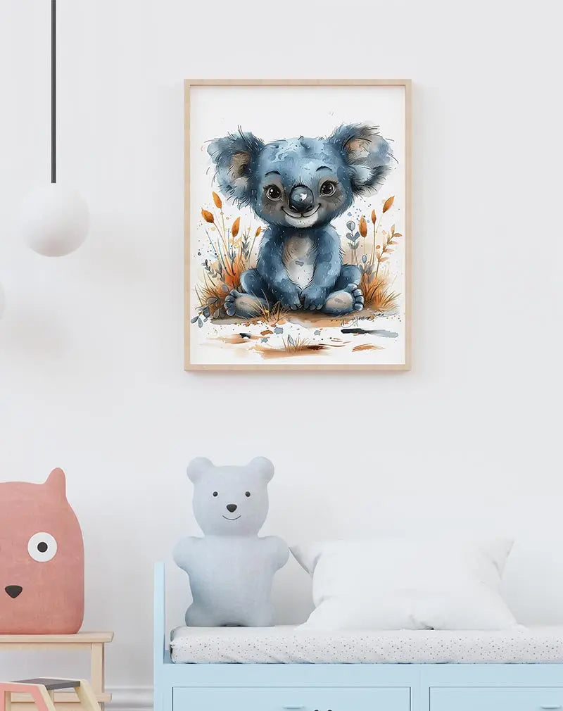 A delightful illustration of a smiling koala sitting among whimsical plants. The koala's playful expression and soft colors create a warm and inviting atmosphere, making this perfect as wall art, a poster, or an illustration for a nursery or animal-themed room