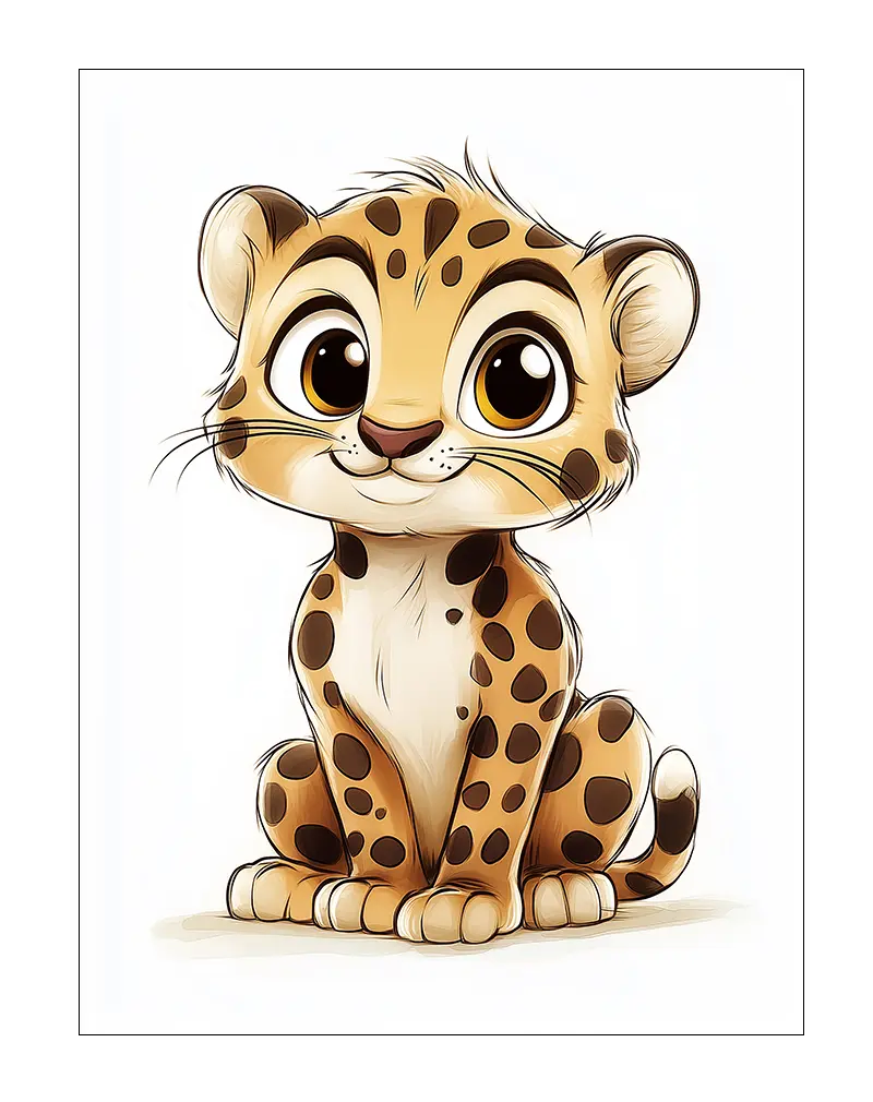 A cute cartoon cheetah with large expressive eyes, perfect wall art for kids' rooms or animal enthusiasts.