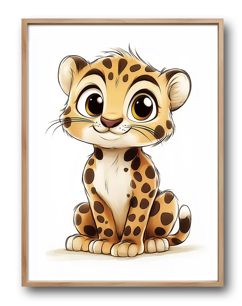 A cute cartoon cheetah with large expressive eyes, perfect wall art for kids' rooms or animal enthusiasts.