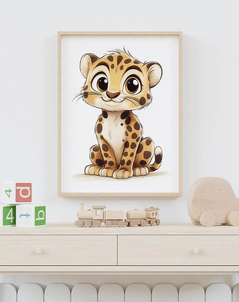 A cute cartoon cheetah with large expressive eyes, perfect wall art for kids' rooms or animal enthusiasts.