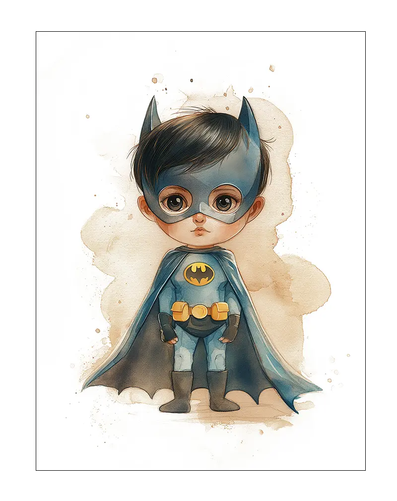 An adorable illustration of a child dressed as a superhero, wearing a blue cape and mask. This cute and whimsical artwork is ideal for a children's room, perfect as a poster or wall art to inspire imagination and adventure