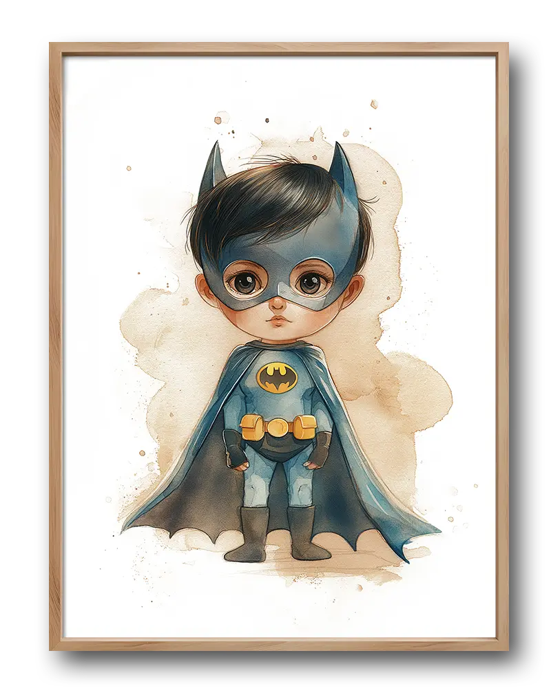 An adorable illustration of a child dressed as a superhero, wearing a blue cape and mask. This cute and whimsical artwork is ideal for a children's room, perfect as a poster or wall art to inspire imagination and adventure