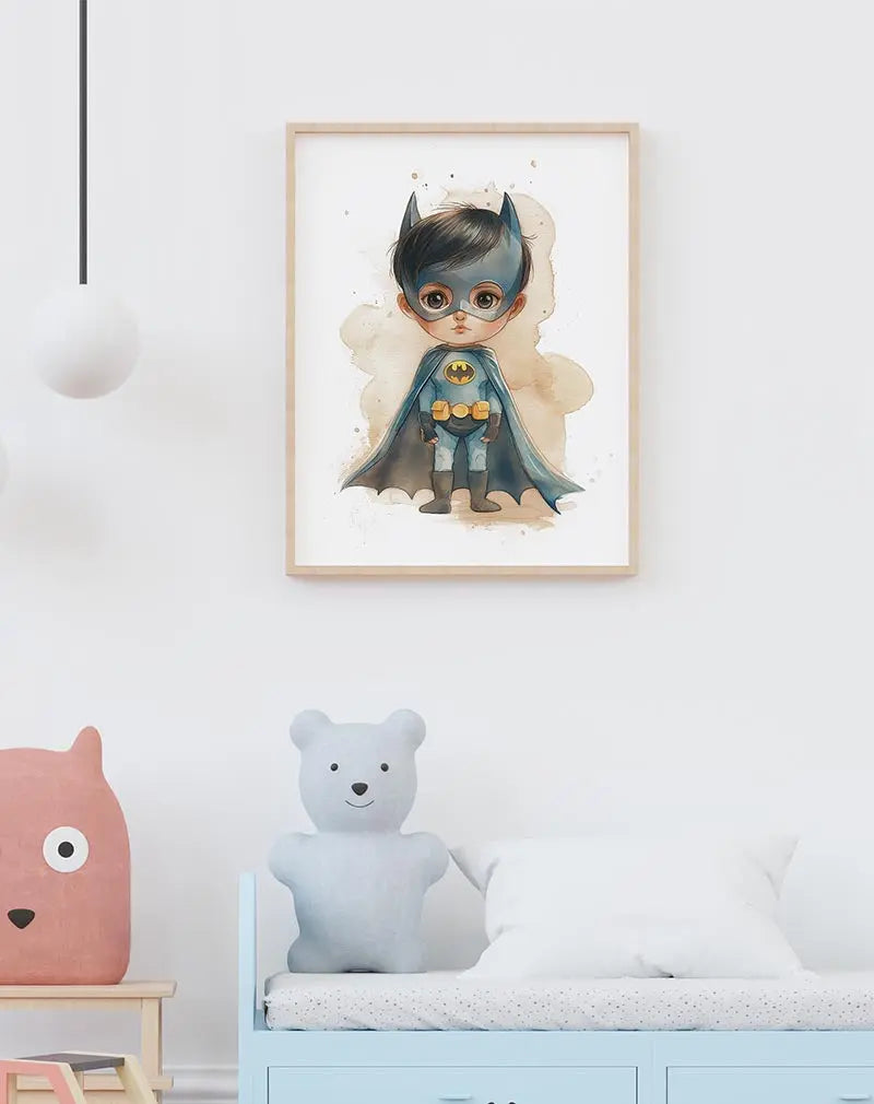 An adorable illustration of a child dressed as a superhero, wearing a blue cape and mask. This cute and whimsical artwork is ideal for a children's room, perfect as a poster or wall art to inspire imagination and adventure