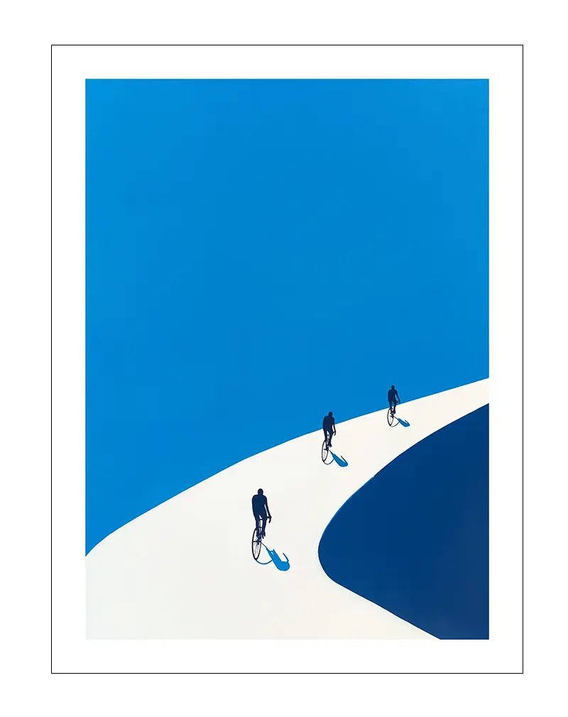 An abstract illustration of three cyclists casting shadows on a white road, with a deep blue sky in the background. This minimalist and modern artwork is perfect for decorating a wall with a poster or illustration, adding a sleek and artistic touch to any space