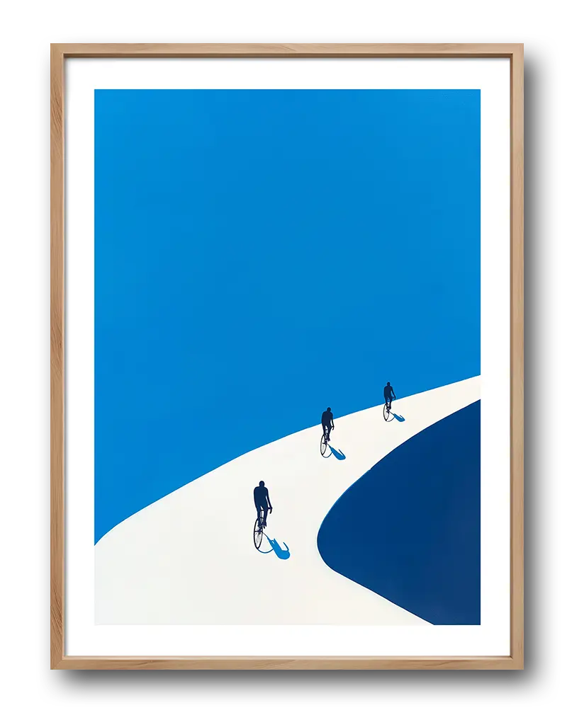 An abstract illustration of three cyclists casting shadows on a white road, with a deep blue sky in the background. This minimalist and modern artwork is perfect for decorating a wall with a poster or illustration, adding a sleek and artistic touch to any space