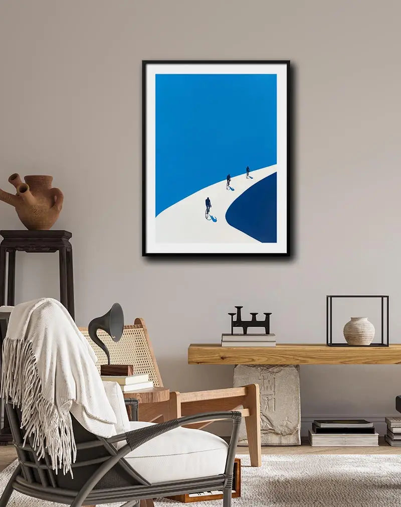 An abstract illustration of three cyclists casting shadows on a white road, with a deep blue sky in the background. This minimalist and modern artwork is perfect for decorating a wall with a poster or illustration, adding a sleek and artistic touch to any space