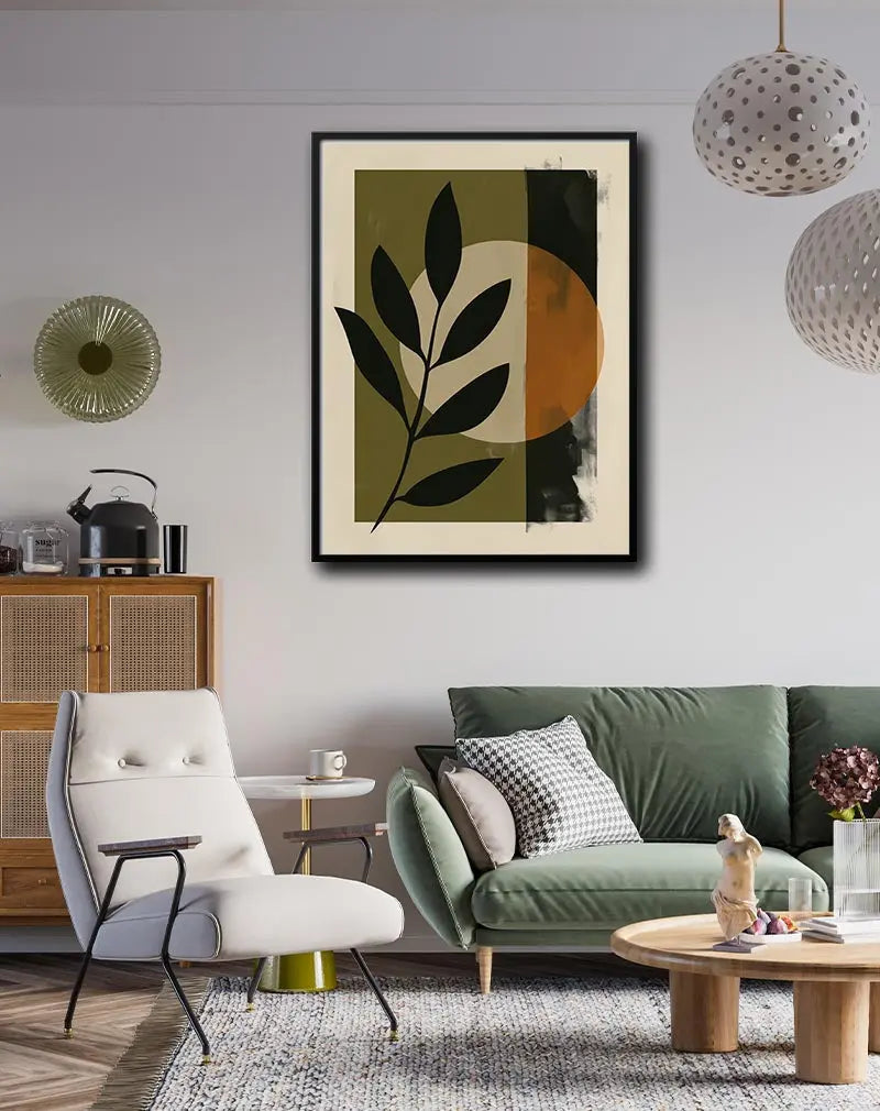 A modern illustration featuring dark foliage with geometric shapes. Perfect wall art for adding a touch of elegance to any contemporary interior