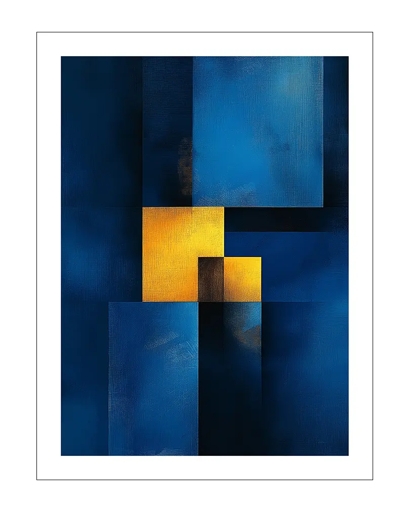 A geometric abstract illustration featuring deep blue tones contrasted with vibrant yellow blocks, creating a visually striking composition. The intersecting shapes and textured background give this artwork a modern and sophisticated feel. Perfect wall art for adding a touch of contemporary elegance to any space.