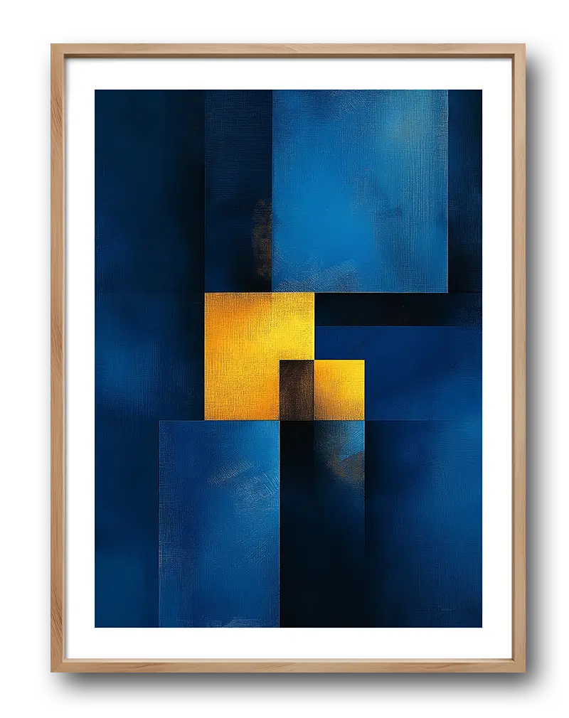 A geometric abstract illustration featuring deep blue tones contrasted with vibrant yellow blocks, creating a visually striking composition. The intersecting shapes and textured background give this artwork a modern and sophisticated feel. Perfect wall art for adding a touch of contemporary elegance to any space.