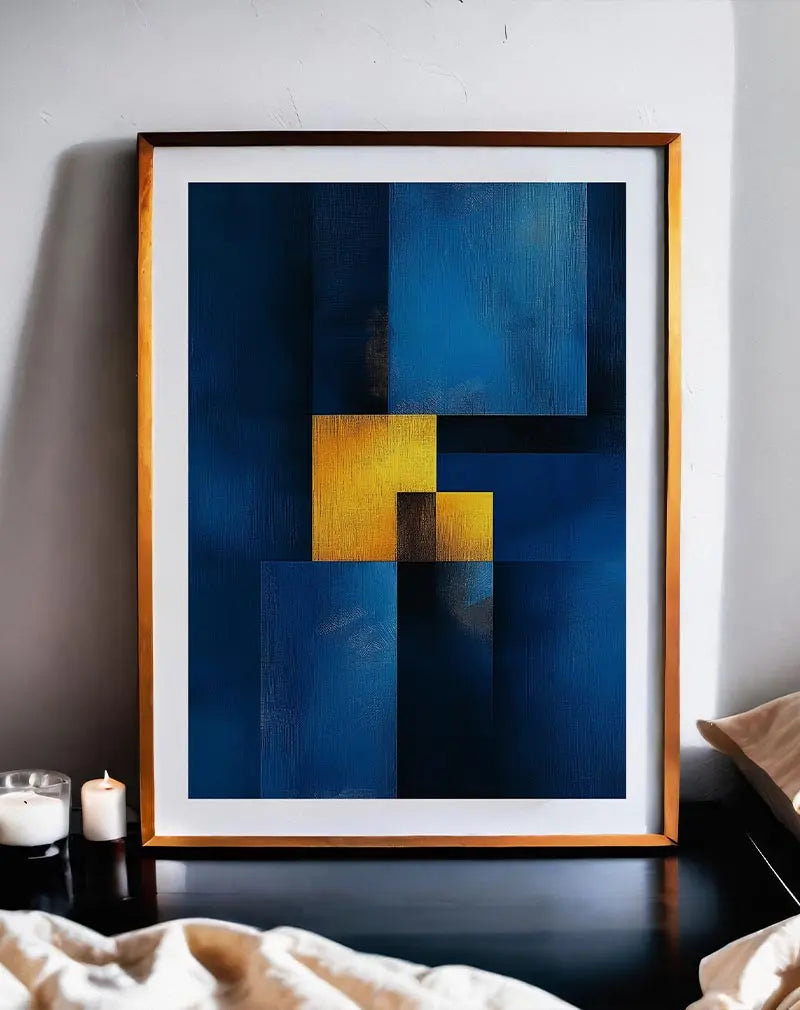 A geometric abstract illustration featuring deep blue tones contrasted with vibrant yellow blocks, creating a visually striking composition. The intersecting shapes and textured background give this artwork a modern and sophisticated feel. Perfect wall art for adding a touch of contemporary elegance to any space.