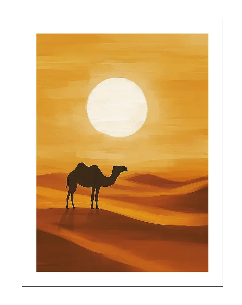 A silhouette of a camel standing against a desert sunset, with soft orange dunes and a bright sun dominating the horizon. Perfect wall art for adding a serene and warm atmosphere to any space