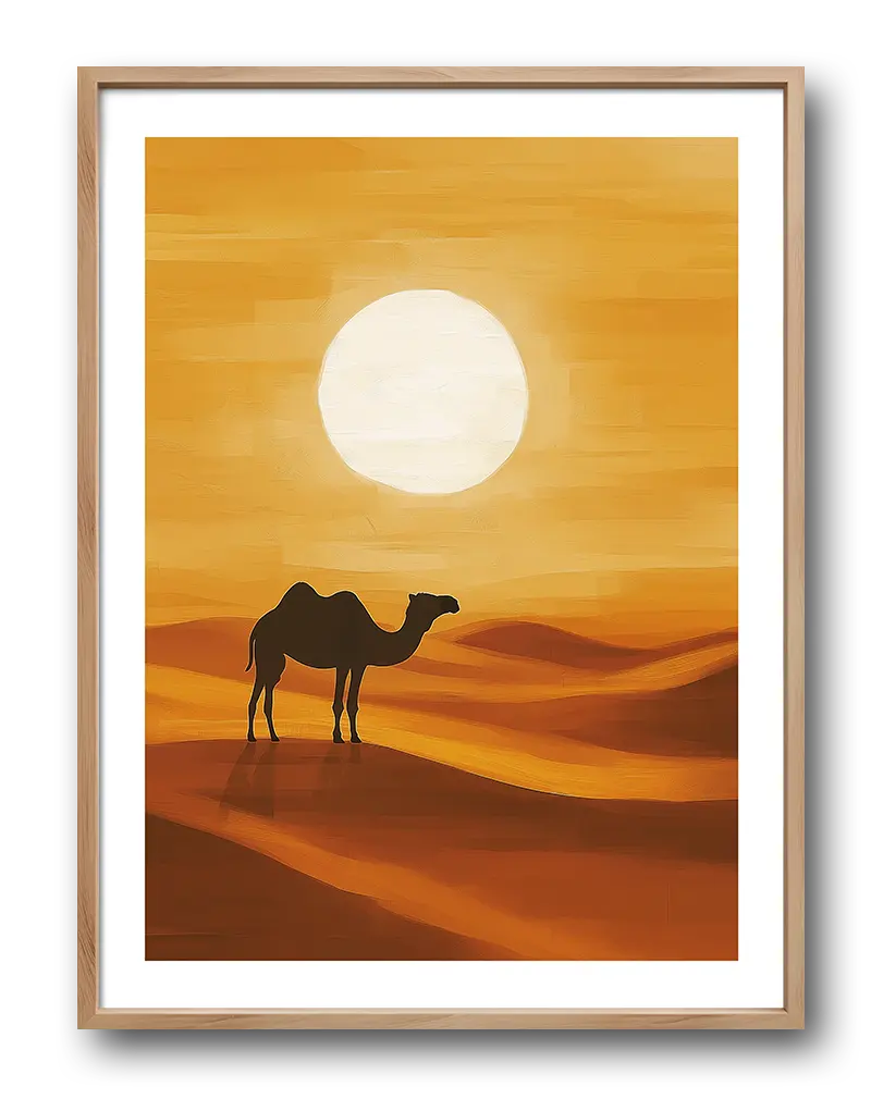 A silhouette of a camel standing against a desert sunset, with soft orange dunes and a bright sun dominating the horizon. Perfect wall art for adding a serene and warm atmosphere to any space