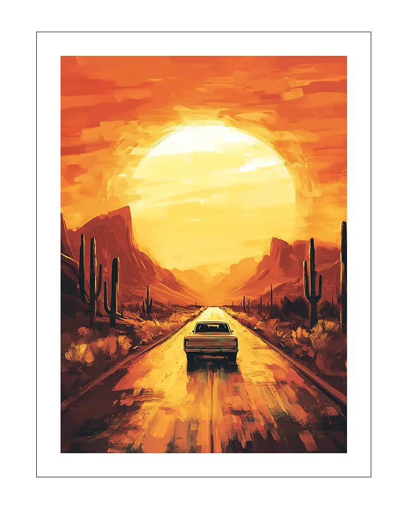 A vibrant illustration of a car driving through a desert at sunset. Perfect wall art for evoking the spirit of adventure and freedom