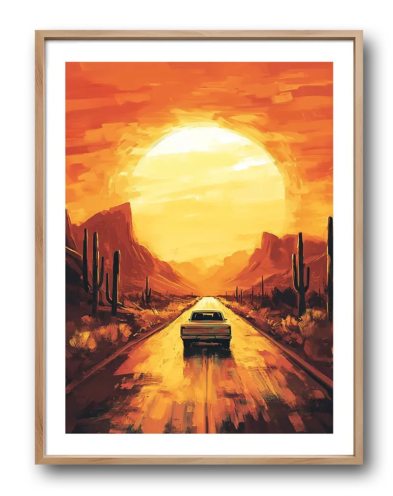 A vibrant illustration of a car driving through a desert at sunset. Perfect wall art for evoking the spirit of adventure and freedom