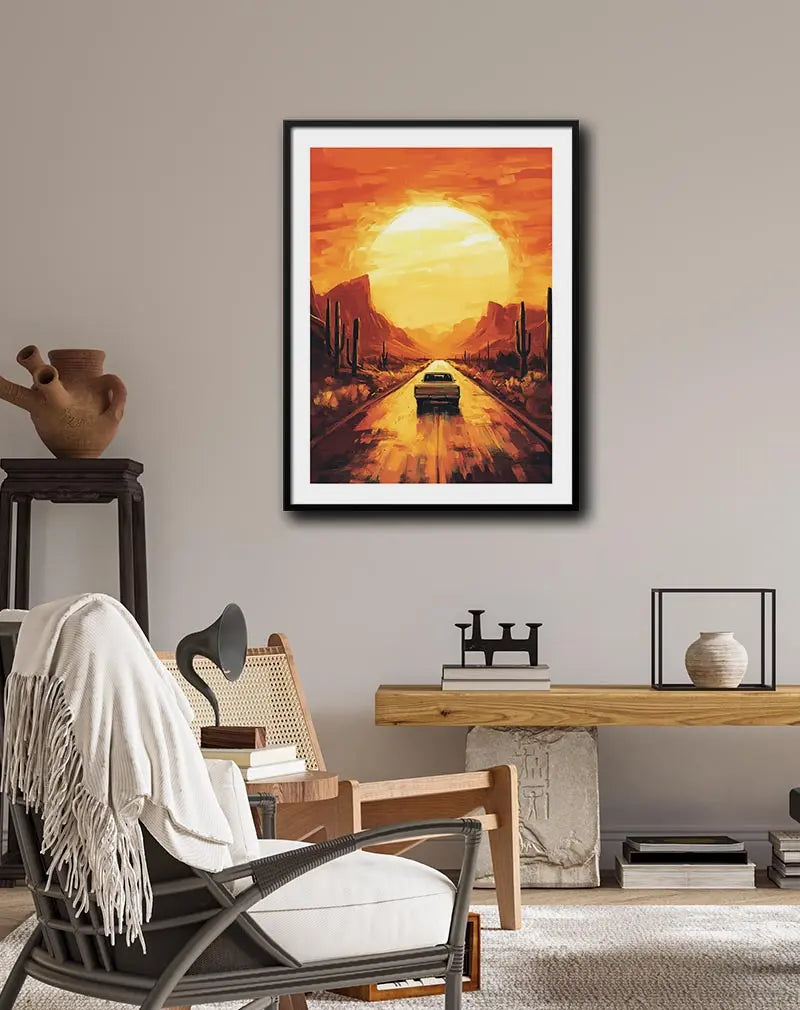 A vibrant illustration of a car driving through a desert at sunset. Perfect wall art for evoking the spirit of adventure and freedom