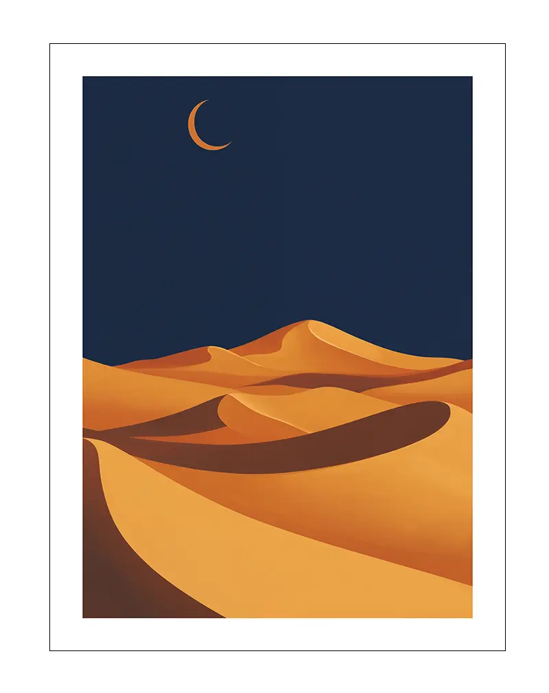 A minimalist desert landscape under a crescent moon. Perfect wall art for creating a calm and serene atmosphere