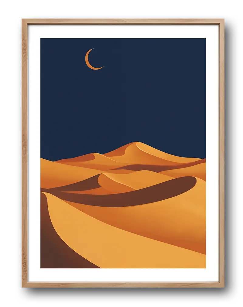 A minimalist desert landscape under a crescent moon. Perfect wall art for creating a calm and serene atmosphere