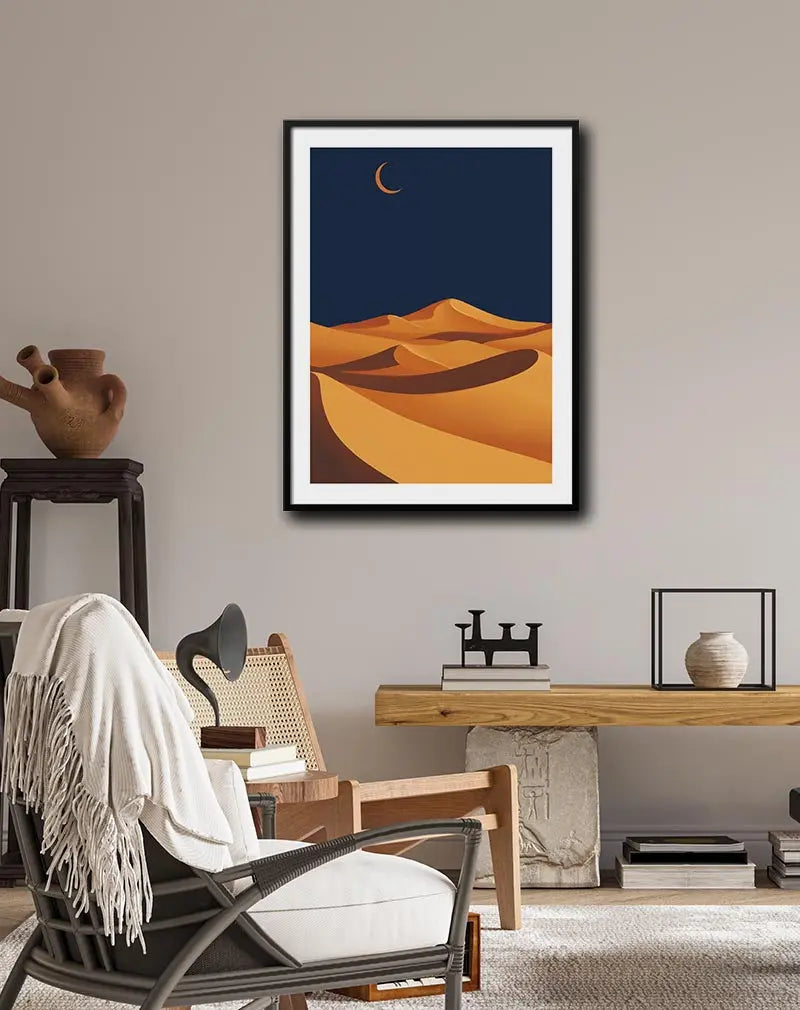 A minimalist desert landscape under a crescent moon. Perfect wall art for creating a calm and serene atmosphere