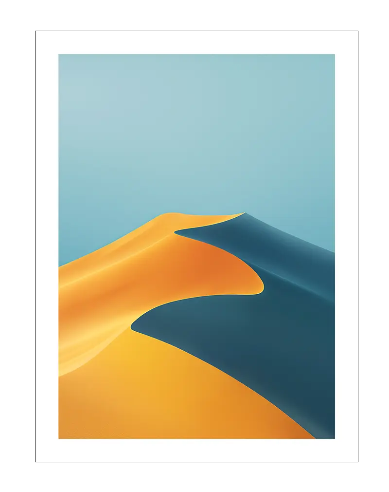 A minimalist art of golden sand dunes against a clear blue sky. Perfect wall art for adding a touch of tranquility to your space