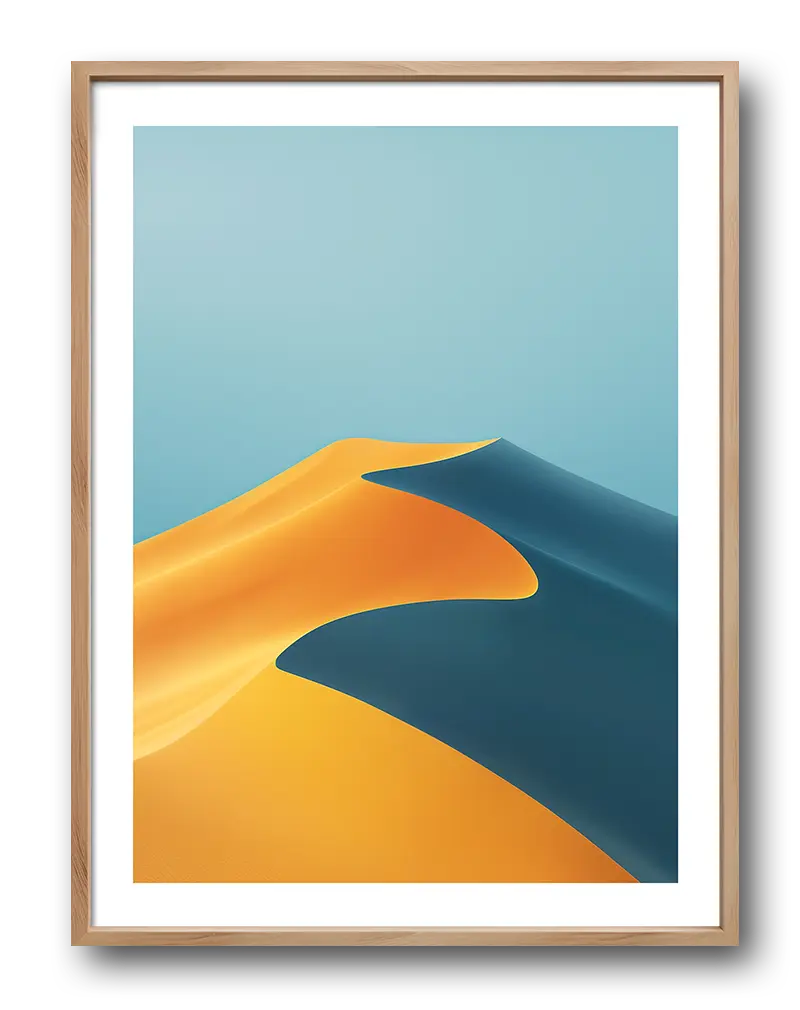 A minimalist art of golden sand dunes against a clear blue sky. Perfect wall art for adding a touch of tranquility to your space