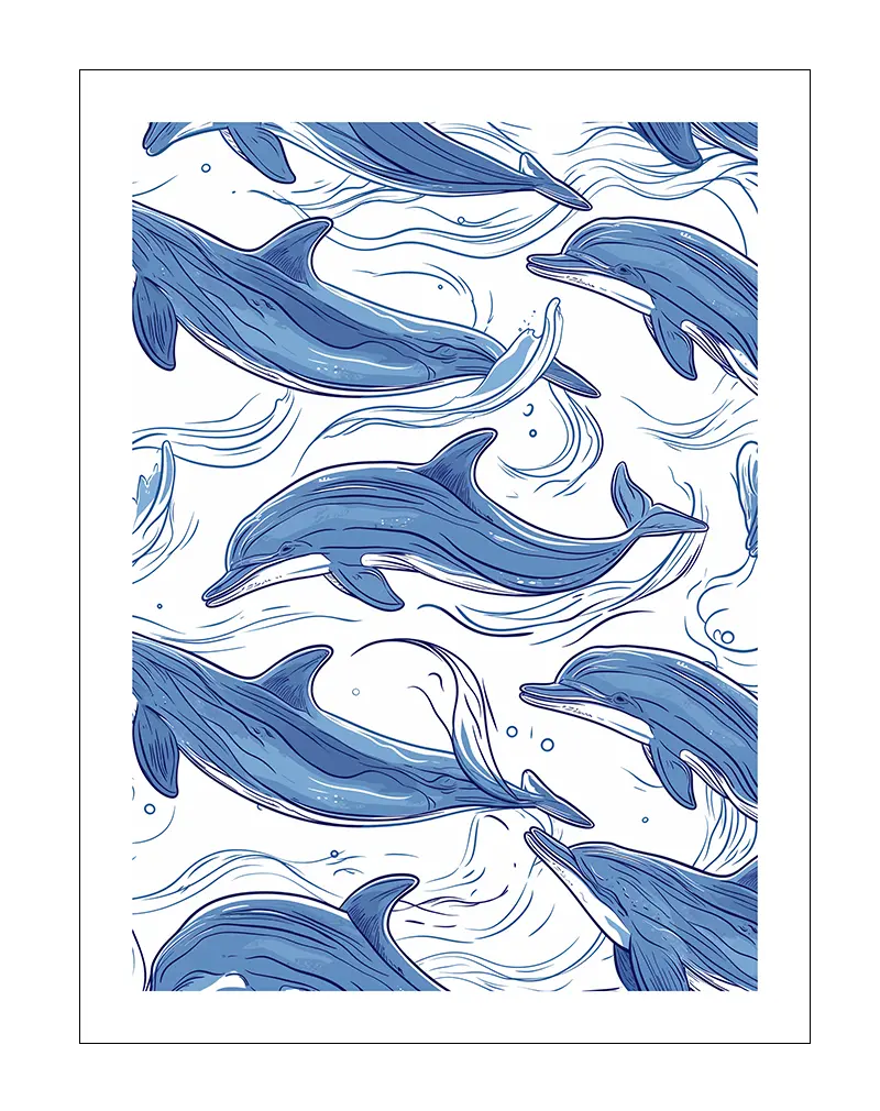 A vibrant pattern of swimming dolphins in shades of blue. Perfect wall art for bringing a coastal vibe to any room