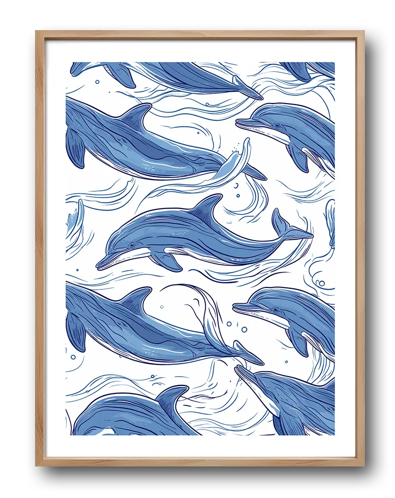 A vibrant pattern of swimming dolphins in shades of blue. Perfect wall art for bringing a coastal vibe to any room