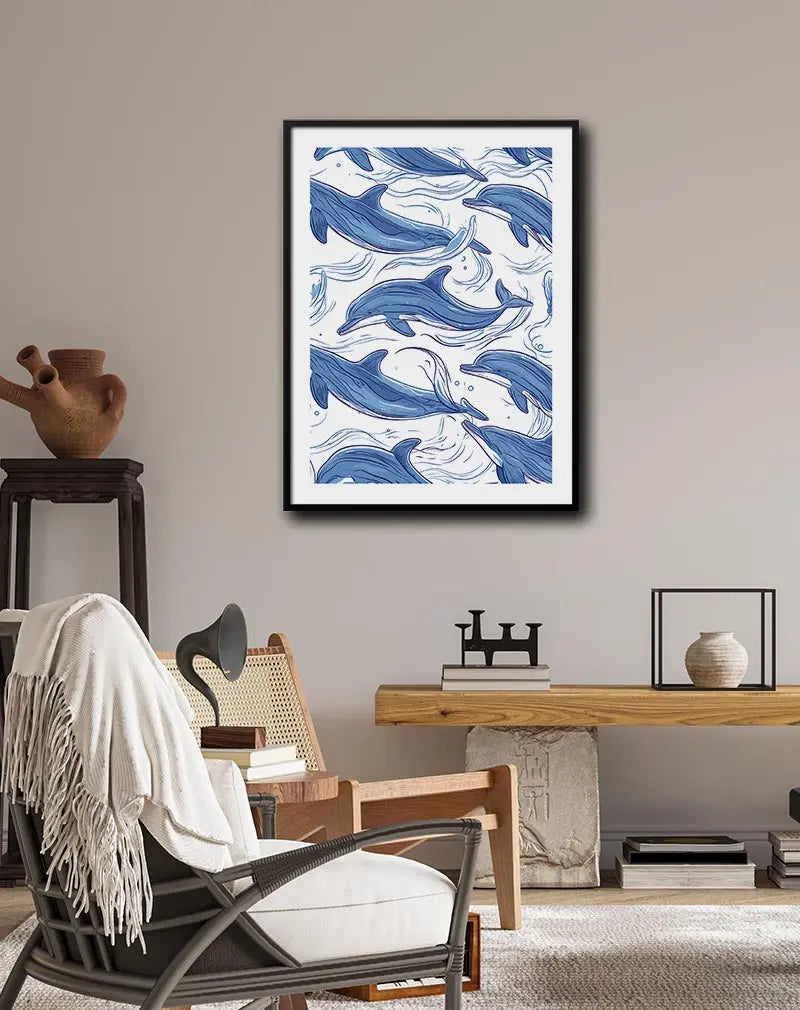 A vibrant pattern of swimming dolphins in shades of blue. Perfect wall art for bringing a coastal vibe to any room