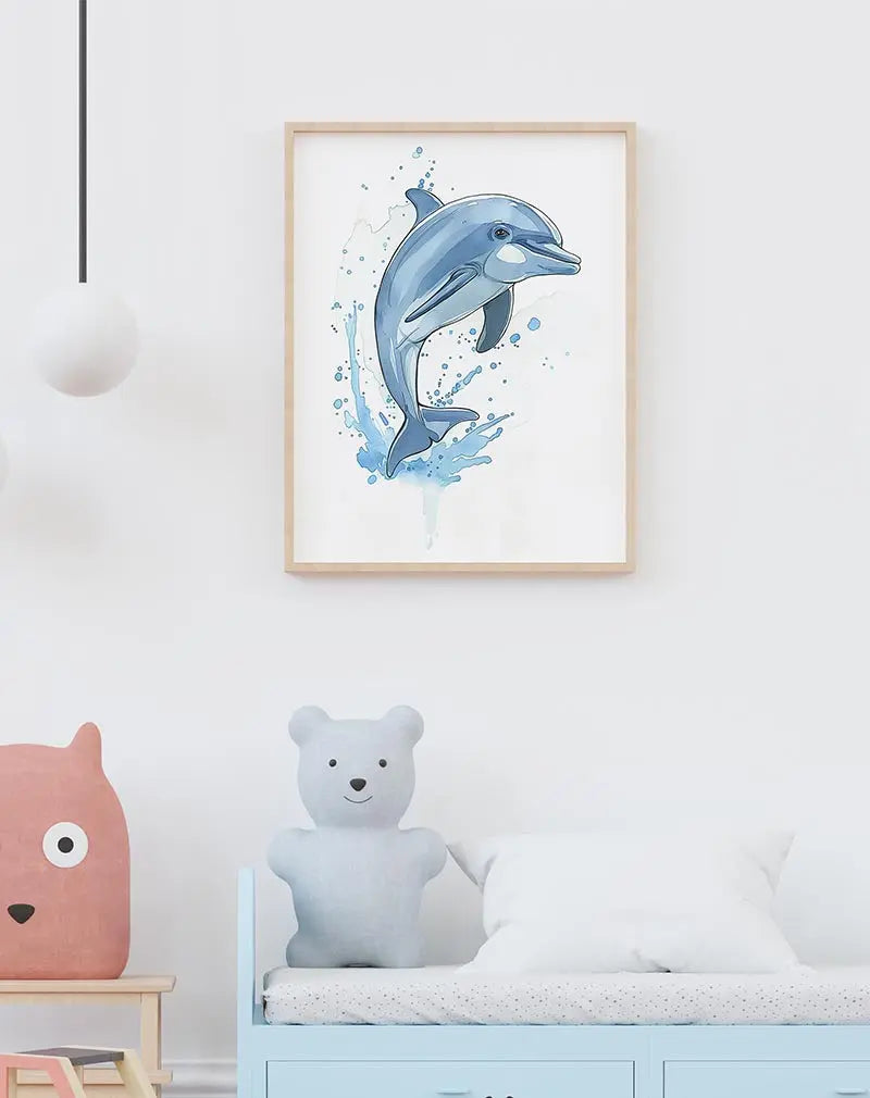 A playful dolphin jumping out of water with splashes. Perfect wall art for adding a refreshing ocean feel to any space