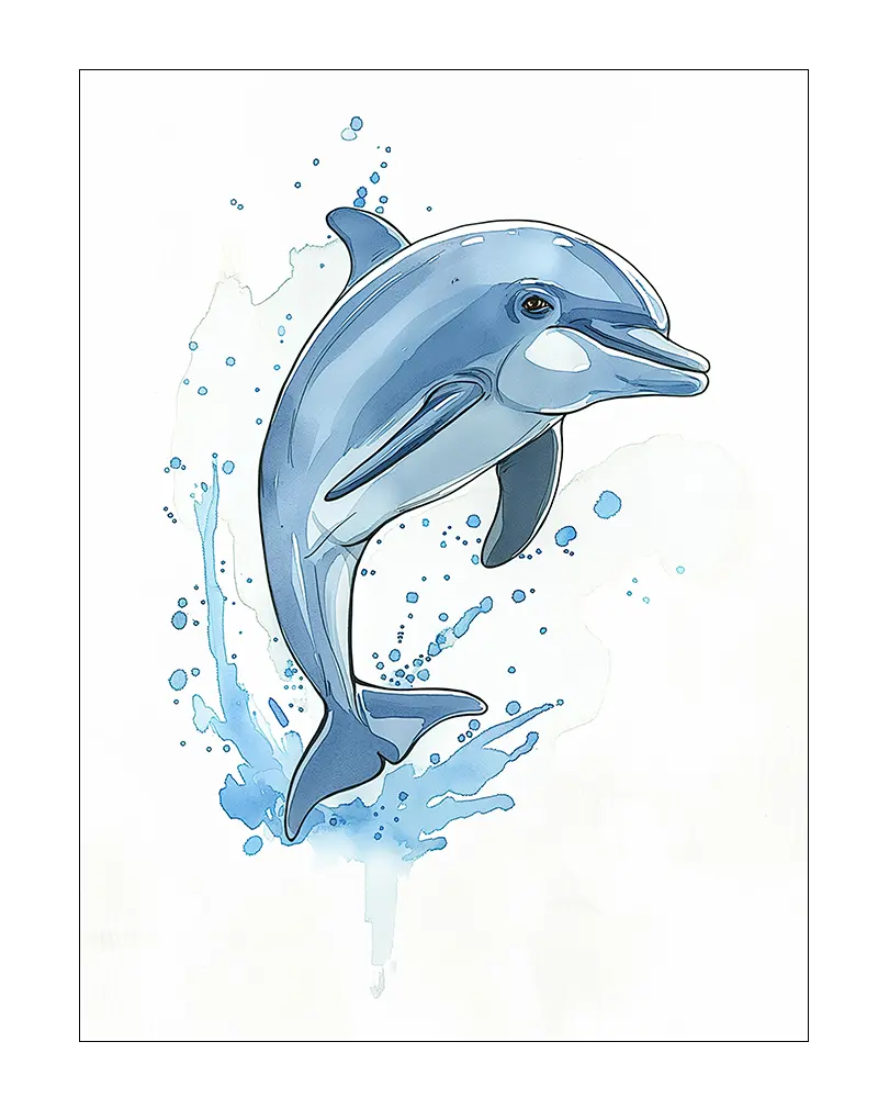 A playful dolphin jumping out of water with splashes. Perfect wall art for adding a refreshing ocean feel to any space