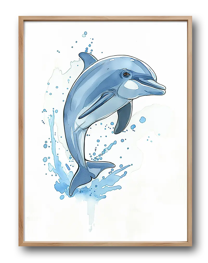 A playful dolphin jumping out of water with splashes. Perfect wall art for adding a refreshing ocean feel to any space