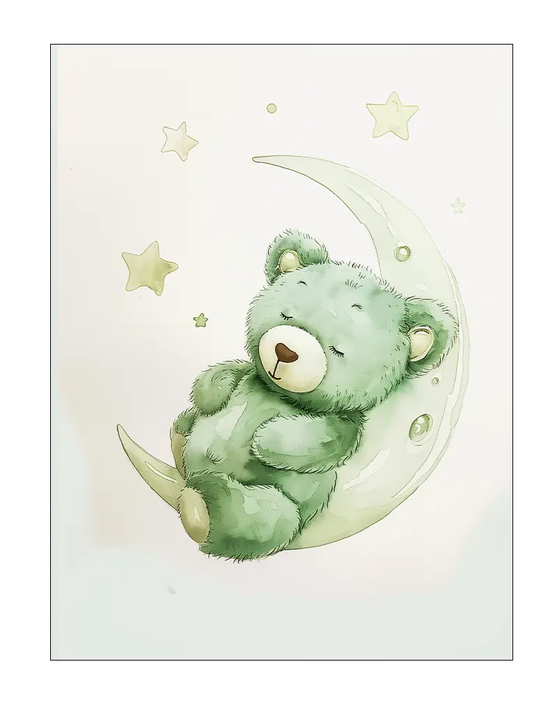 A cute green teddy bear sleeping on a crescent moon with stars around. Perfect wall art for a peaceful and dreamy nursery decor