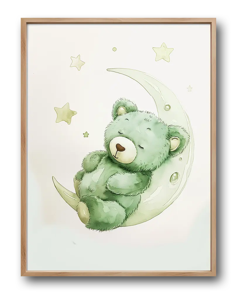 A cute green teddy bear sleeping on a crescent moon with stars around. Perfect wall art for a peaceful and dreamy nursery decor