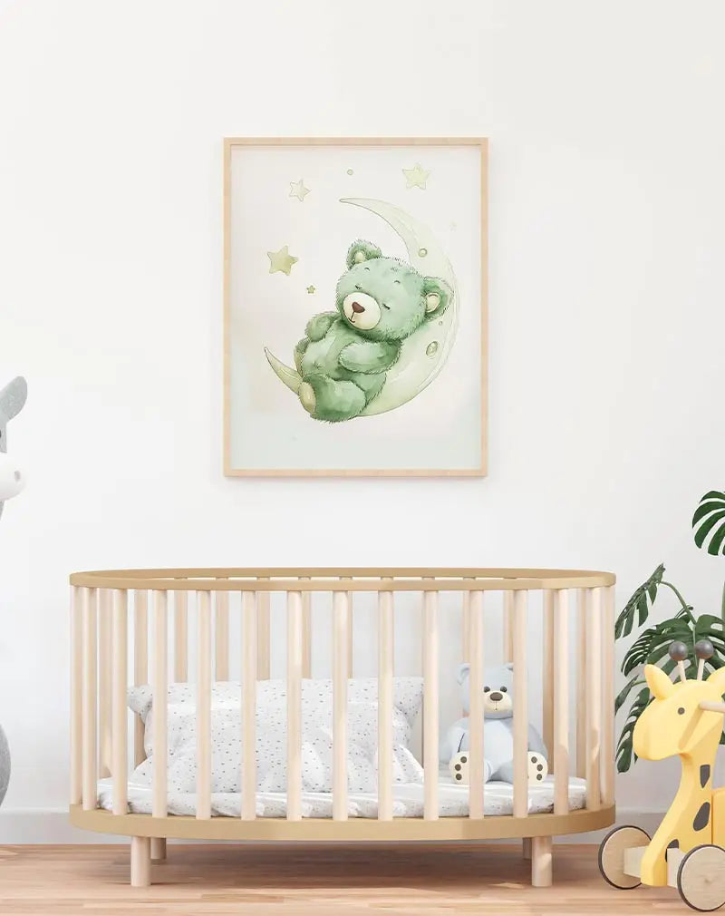 A cute green teddy bear sleeping on a crescent moon with stars around. Perfect wall art for a peaceful and dreamy nursery decor