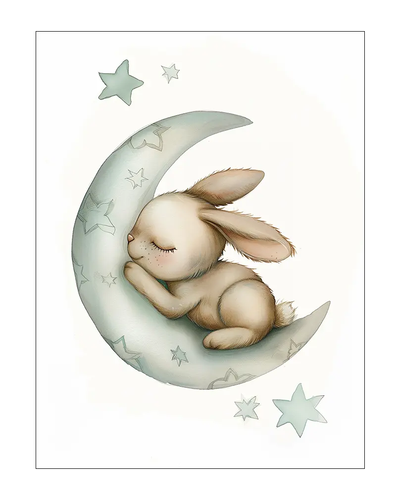 A cute bunny sleeping on a crescent moon surrounded by stars. Perfect wall art for creating a calm and cozy nursery atmosphere