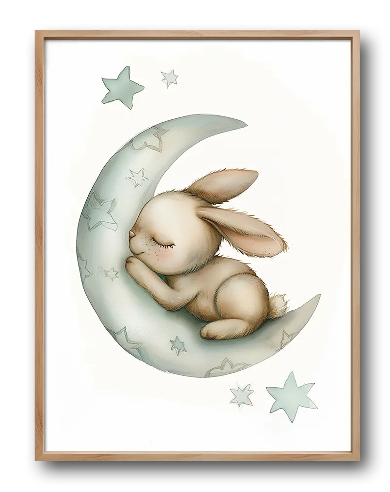 A cute bunny sleeping on a crescent moon surrounded by stars. Perfect wall art for creating a calm and cozy nursery atmosphere