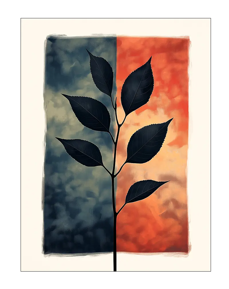 A striking illustration of a black leaf silhouette set against contrasting backgrounds of dark blue and vibrant orange. Perfect wall art for adding a bold statement to modern and minimalist spaces, bringing a touch of nature and abstract design.