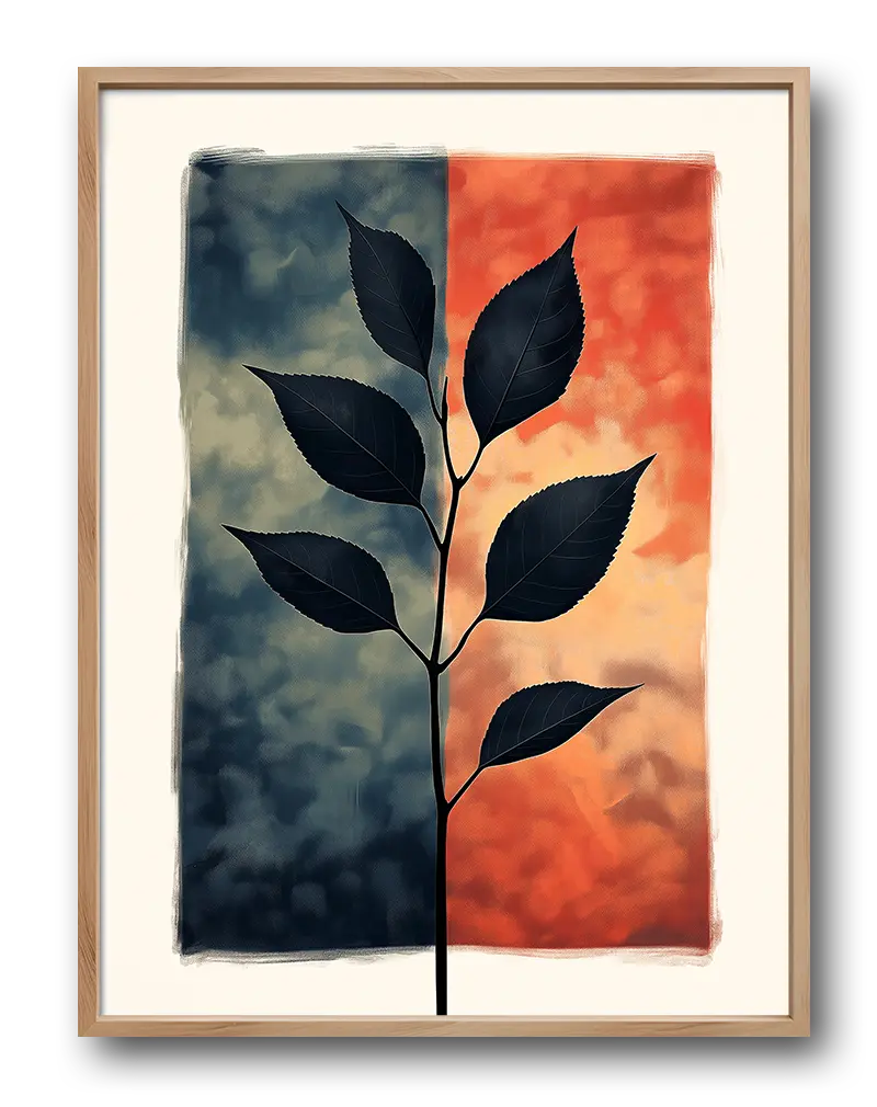 A striking illustration of a black leaf silhouette set against contrasting backgrounds of dark blue and vibrant orange. Perfect wall art for adding a bold statement to modern and minimalist spaces, bringing a touch of nature and abstract design.