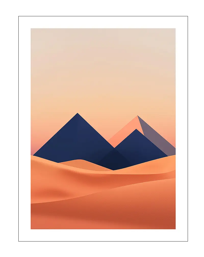 A minimalist geometric design of pyramids in a desert at sunset. Perfect wall art for a modern and tranquil atmosphere