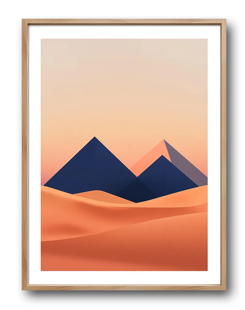 A minimalist geometric design of pyramids in a desert at sunset. Perfect wall art for a modern and tranquil atmosphere