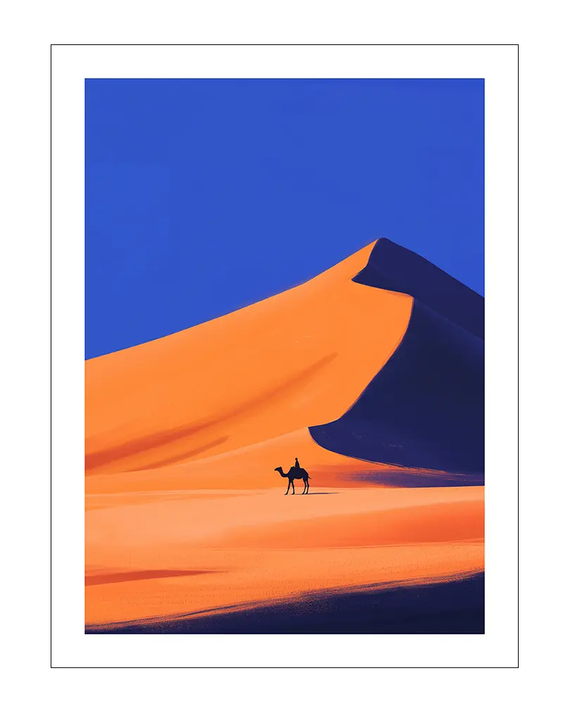 A lone camel rider crossing vast sand dunes under a vibrant sky. Perfect wall art for creating a serene and adventurous ambiance