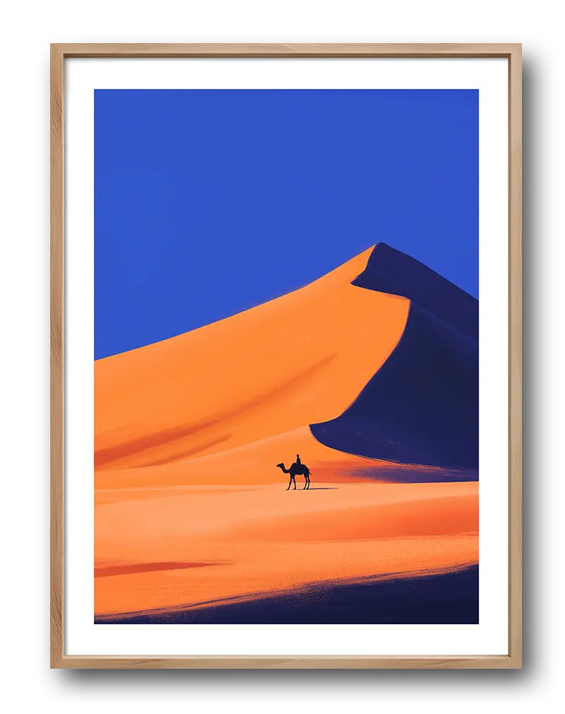 A lone camel rider crossing vast sand dunes under a vibrant sky. Perfect wall art for creating a serene and adventurous ambiance