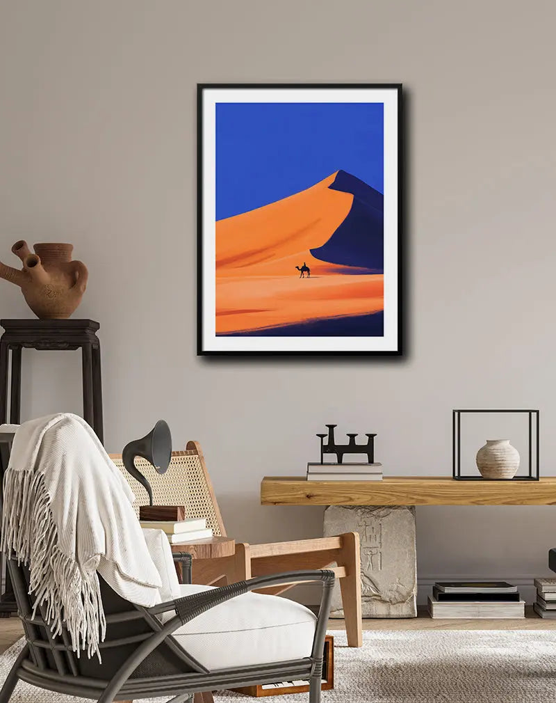 A lone camel rider crossing vast sand dunes under a vibrant sky. Perfect wall art for creating a serene and adventurous ambiance