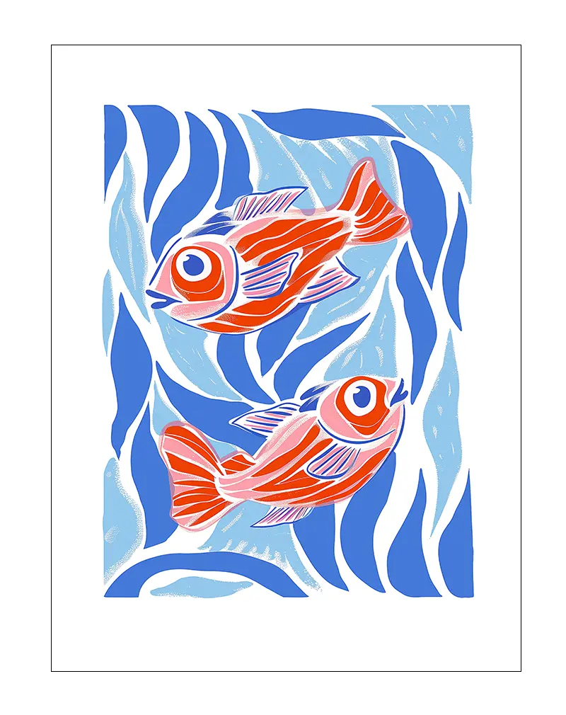 A vibrant red fish illustration swimming among abstract blue waves. Perfect wall art for ocean lovers