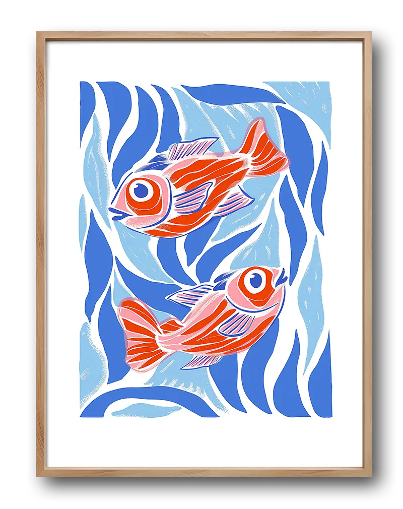 A vibrant red fish illustration swimming among abstract blue waves. Perfect wall art for ocean lovers