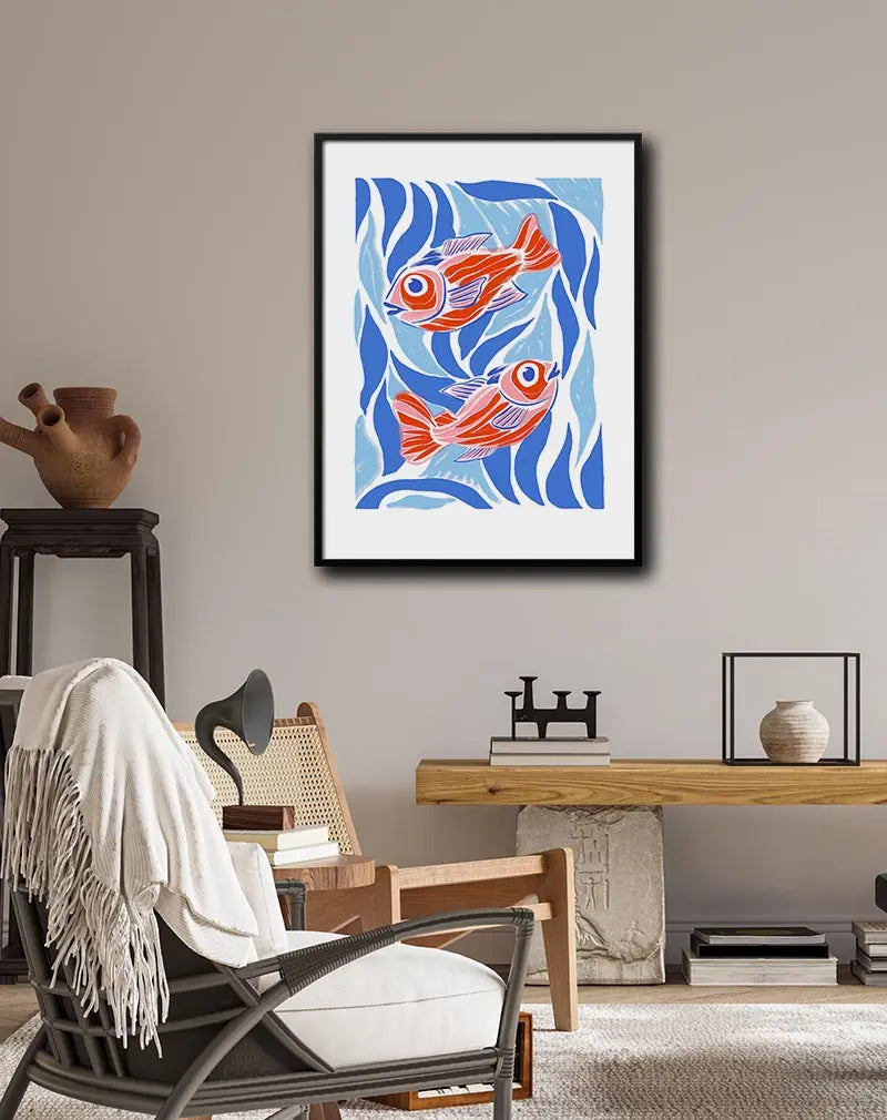 A vibrant red fish illustration swimming among abstract blue waves. Perfect wall art for ocean lovers