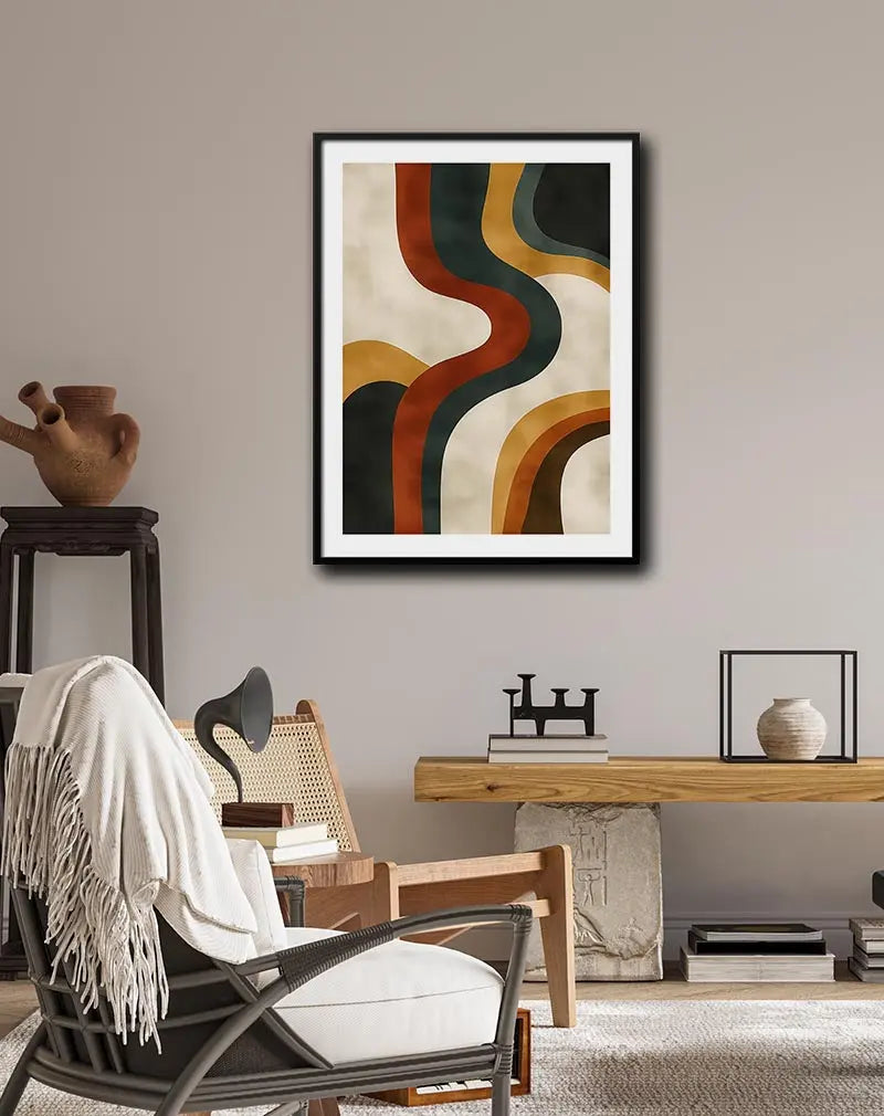 A retro waves illustration with earthy tones and flowing lines. Perfect wall art for a vintage-inspired decor